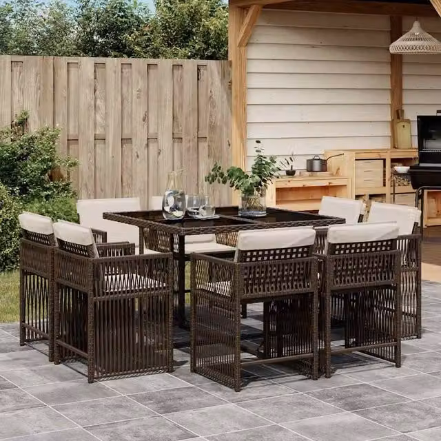 Berkfield Home 9 Piece Brown Poly Rattan Garden Dining Set with Cushions and Glass Tabletop – 1