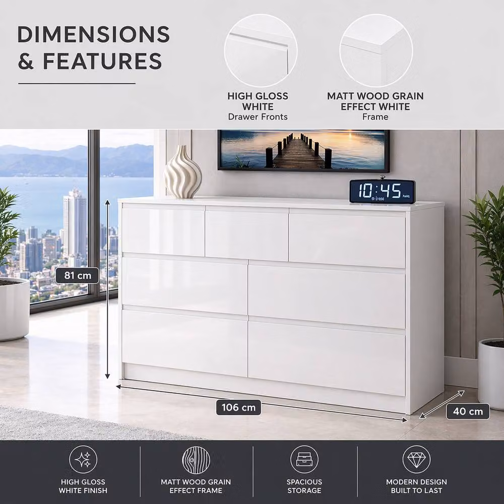 Harmin Luxury White High Gloss 7 Drawer Handleless Chest of Drawers – 2