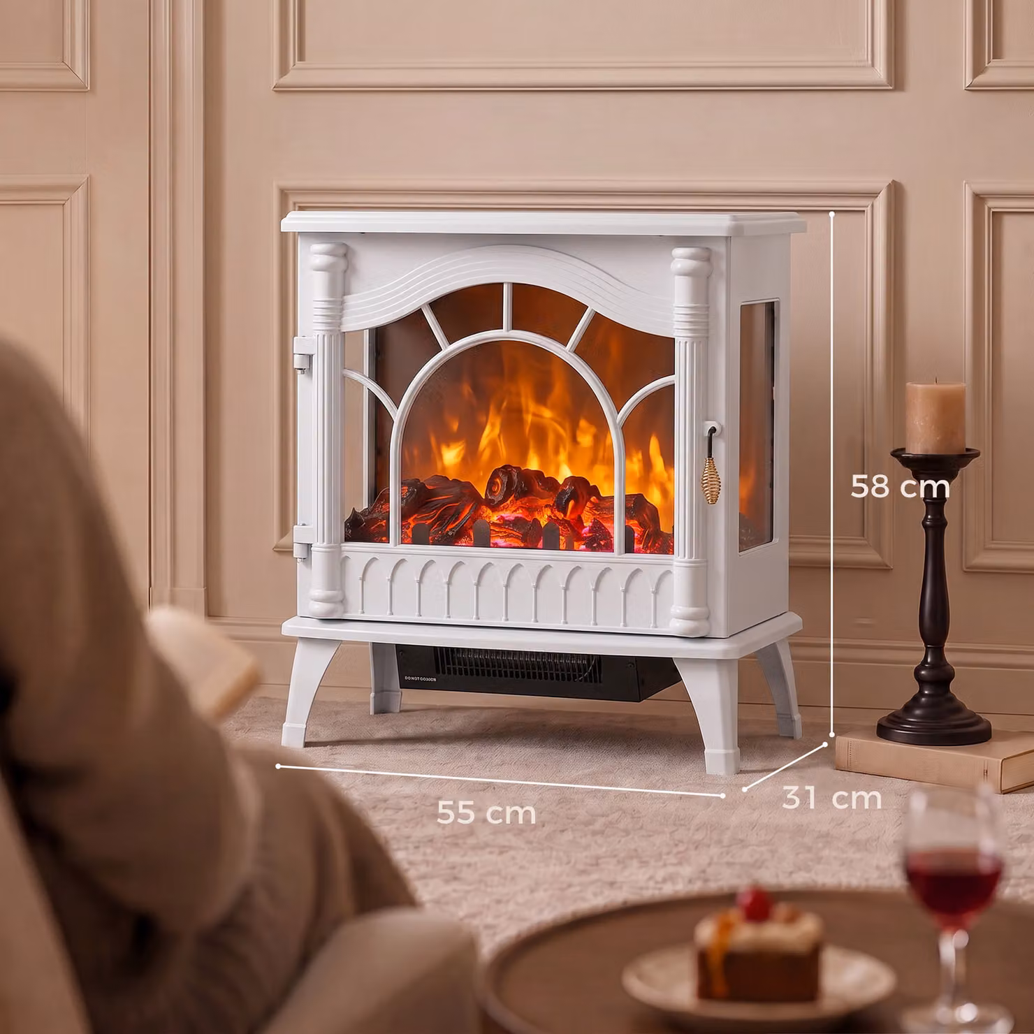 HOMCOM 3-Sided Glass Electric Fire Fan Heater, Freestanding Log Burner with Flame Effect, White – 3