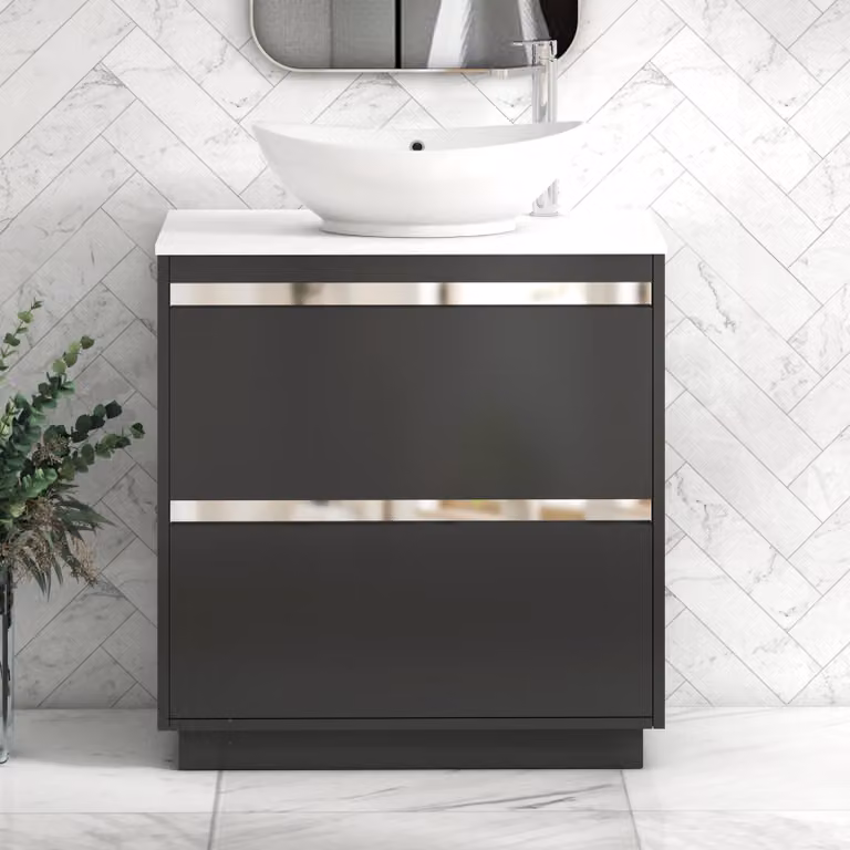 Royal Bathrooms Orion 800mm Matt Obsidian Black Floor Standing 2 Drawer Vanity Unit with Plain White Countertop and Amaze Basin and Chrome Accent Trim