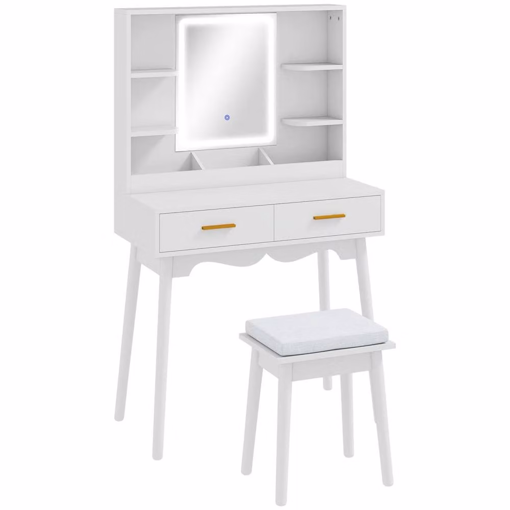 Wyld Haus White and Gold Modern Dressing Table with Hollywood LED Mirror, Stool and Storage, W/D/H: 137.5 x 80 x 40 cm – 2