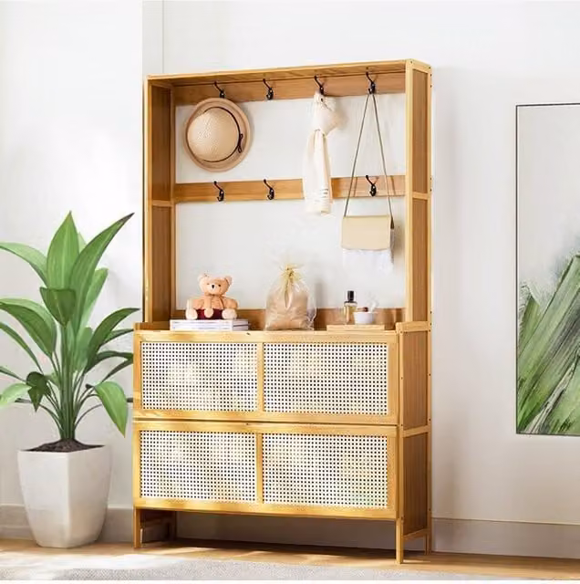 H&O Direct Scandinavian Wooden Entryway Shoe Cabinet in Brown with Internal Flat Shelves
