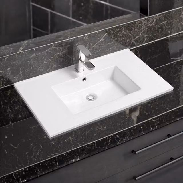 Limoge 4012 White Ceramic Thin-Edge Inset Basin with Rectangular Bowl W: 80 cm, D: 45 cm