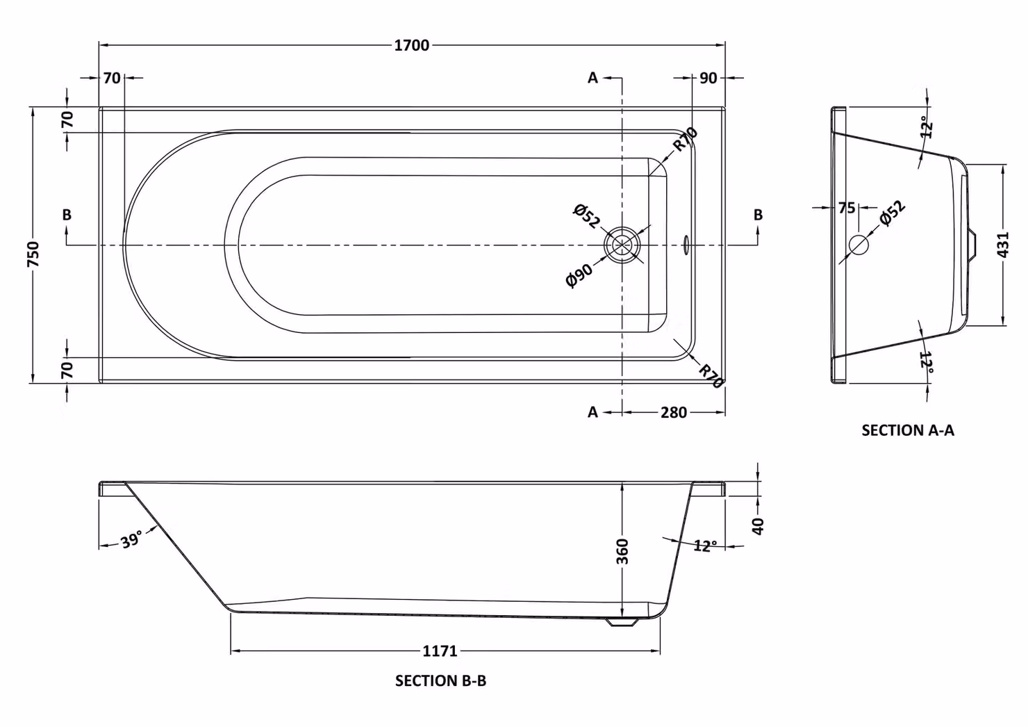 Balterley Round Single Ended Straight Shower Bath with Leg Set, White, W/D: 1700 x 750 mm – 3