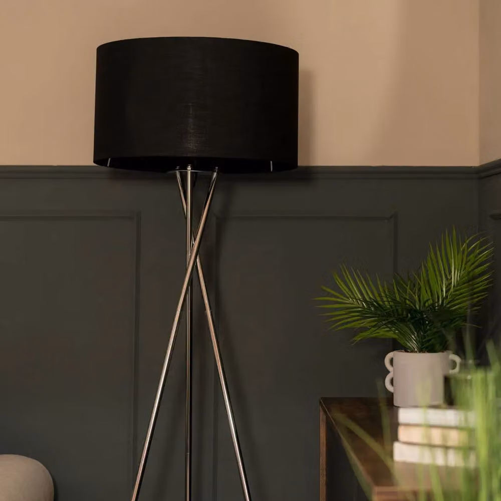 MiniSun Modern Brushed Chrome Floor Lamp with Black Fabric Drum Shade and Warm White Bulb – 4