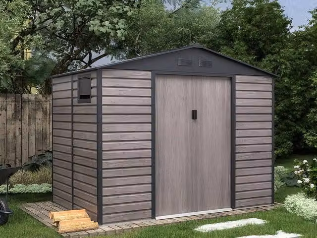 Vente-unique Grey Wood Effect Galvanised Steel Garden Shed with Double Doors and Window – 1