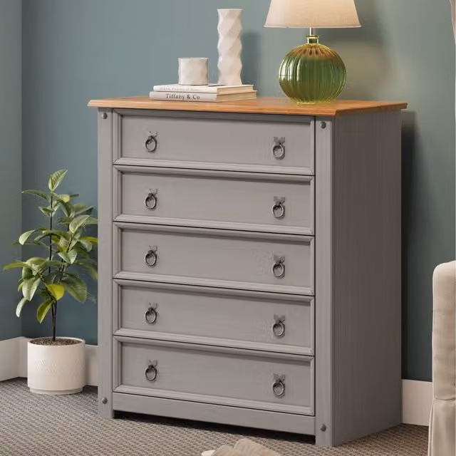 Mercers Furniture Corona Small 5 Drawer Chest of Drawers in Distressed Grey Waxed Solid Pine Wood