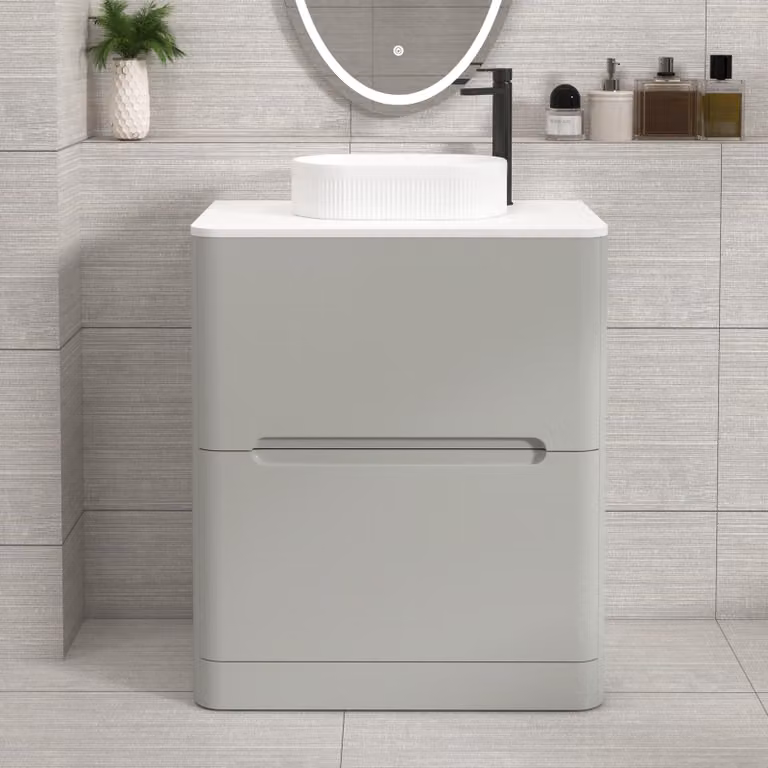 Royal Bathrooms Venice 700mm Floor Standing 2 Drawer Vanity Unit in Dove Grey with Plain White Worktop and Lyon Basin