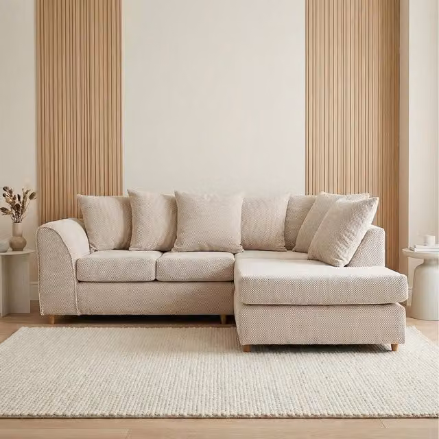 Abakus Direct Jumbo Grid L-Shape Corner Sofa in Beige with Padded Fabric Cushions and Scatter Cushions, Right-Hand Facing