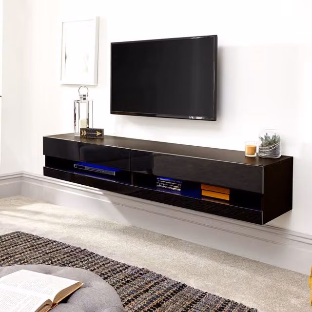 GFW Galicia Black Glossy Wall Mounted TV Unit with LED Lighting, 120cm – 2