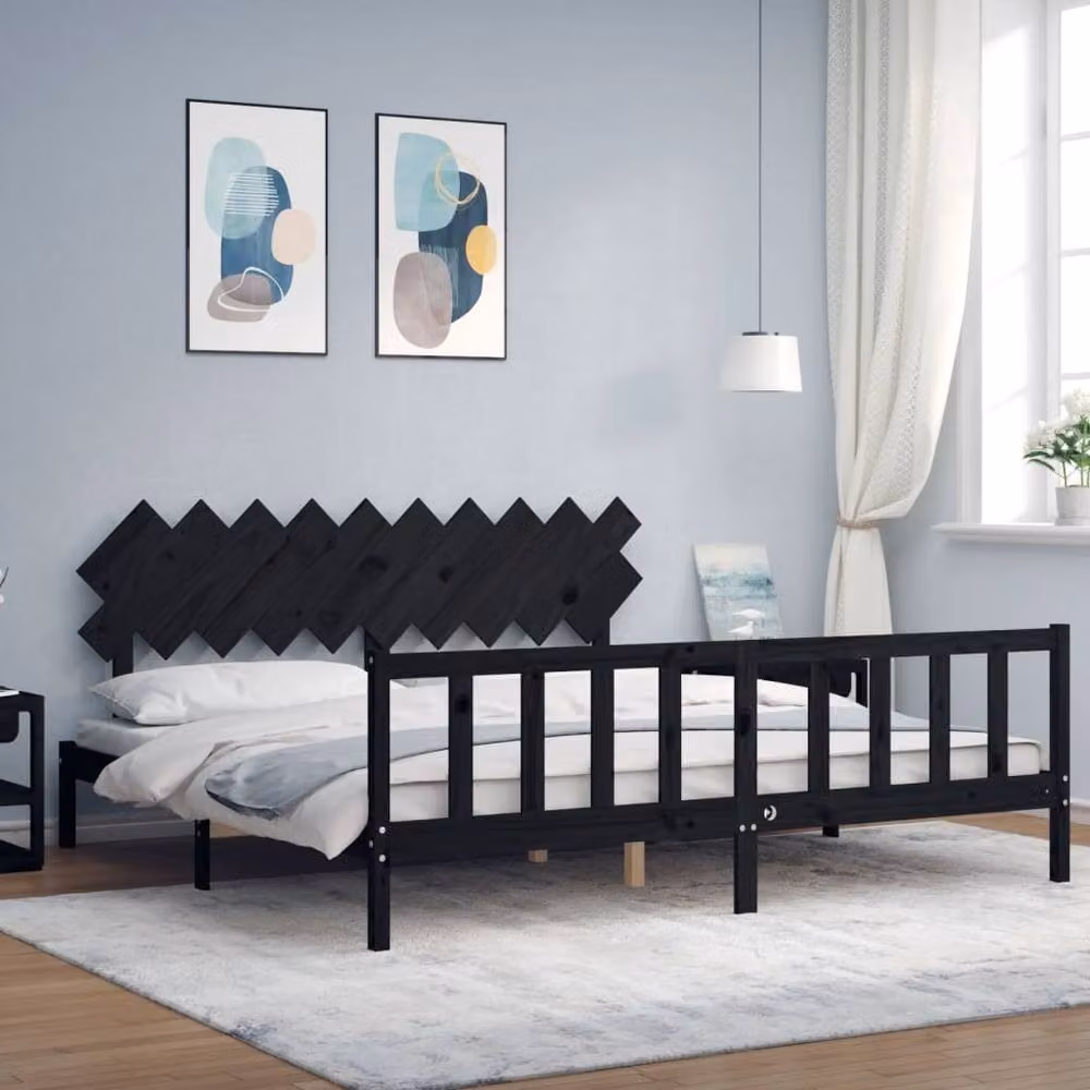Berkfield Home Solid Wood Bed Frame with Headboard in Black, 200 x 200 cm – 2