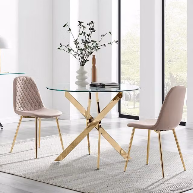 FurnitureboxUK Novara Round Glass Kitchen Dining Table with 2 Corona Gold Chairs in Cappuccino, Diameter: 100 cm