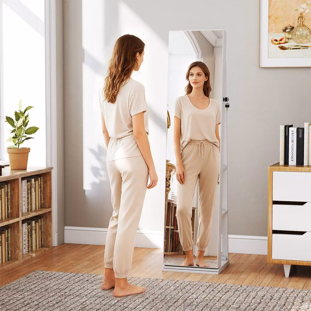Costway Freestanding White Jewelry Storage Cabinet with LED Lighting, Mirror and Lock – 3