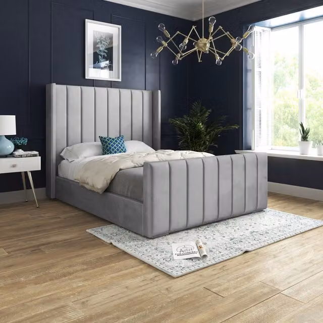 DS Living Oxford Upholstered Soft Touch Plush Grey Velvet Bed Frame, Double 140 x 200 cm