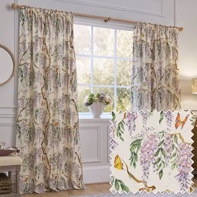 Voyage Maison Mariposa Floral 100% Cotton Pencil Pleat Curtain Pair, Multicolour, Width: 229 cm, Drop: 137 cm