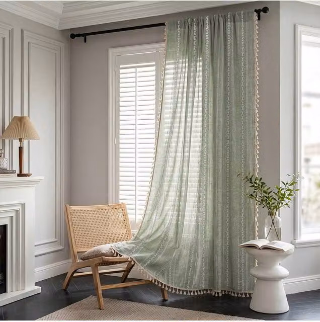 Living and Home Bohemian Green Faux Linen Striped Curtain with Tassels, Height: 260 cm – 1