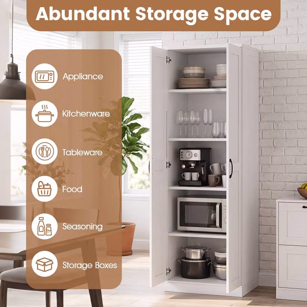 Costway Tall Storage Cabinet Utility Cupboard with Hinged Doors in White – 3