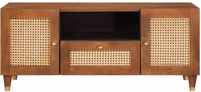 Berkfield Mid Century Home Media Storage Cabinet in Brown Mango Wood and Rattan, W/D/H: 105 x 33.5 x 46 cm