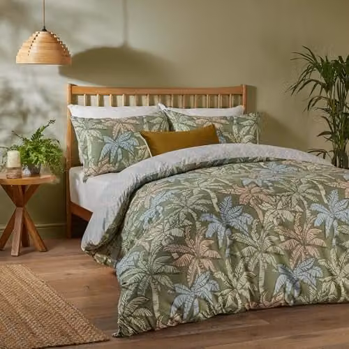 Riva Home Kentia Reversible Tropical Printed Duvet Cover Set, Palm Green, W/H: 90 x 200 cm