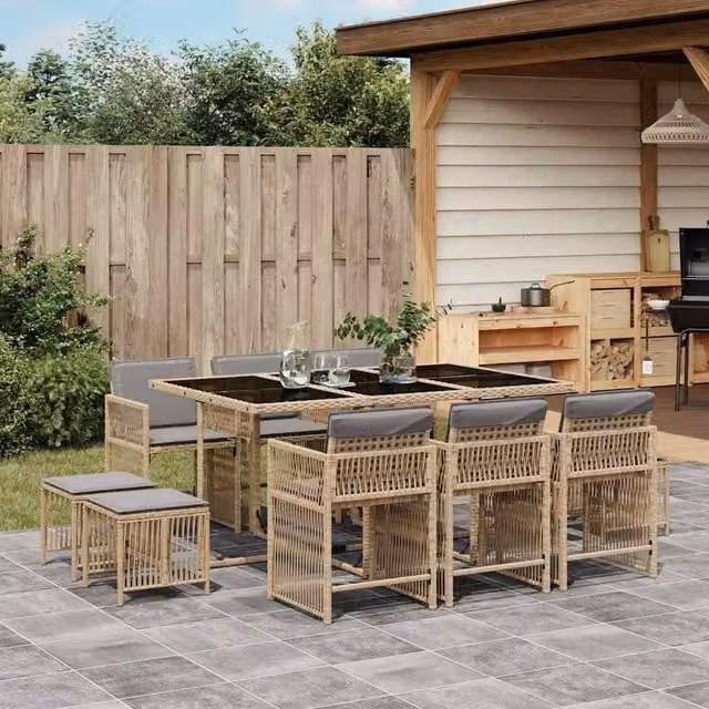 Berkfield Home 11 Piece Garden Dining Set with Beige Cushions and Poly Rattan