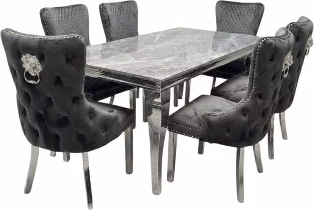 HOME LUXE INTERIOR Sofia Grey Marble Rectangular Dining Table and 6 Victoria Grey Silver Chairs