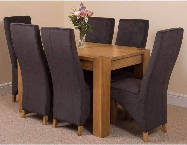 Thats Furniture Kuba Chunky Oak Small Dining Table and 6 Lola Fabric Chairs in Black, Beige or Grey, W: 125 cm, D: 80 cm