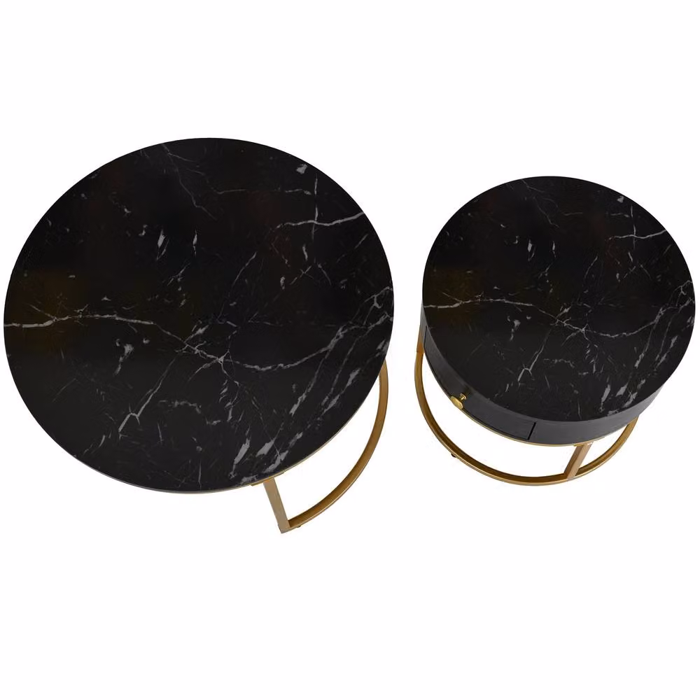 ModernLuxe Set of 2 Round Nesting Coffee Tables with Drawer and Metal Frame in Black – 5