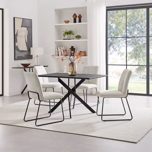 FurnitureboxUK Leonardo Black Top Rectangular Dining Table and 4 Halley Dark Grey Fabric Chairs with Cream Accents