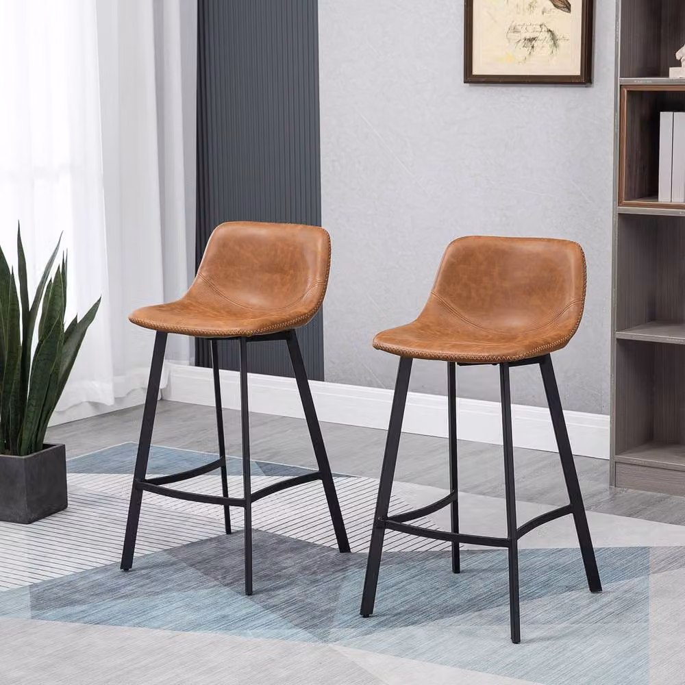 STILVORA Set of 2 Industrial Bar Stools with Brown Faux Leather and Metal Frame – 2