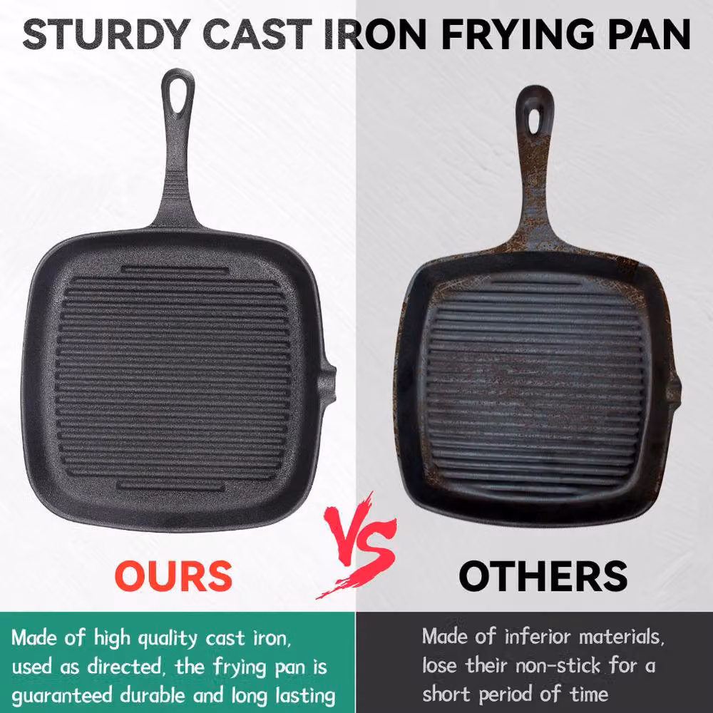 Living and Home Cast Iron Square Grill Griddle Pan with Pouring Spout in Black – 2