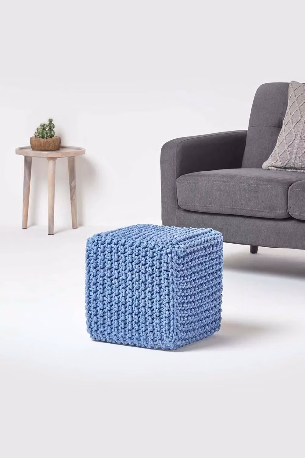 Homescapes Cube Cotton Knitted Pouffe Footstool in Blue – 2