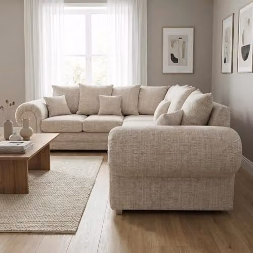 Abakus Direct Verona Chenille L-Shaped Corner Sofa in Beige with Foam-Filled Seats and Fibre Back Cushions
