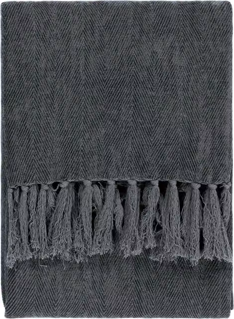 Harri Herringbone Fringed Woven Throw in Blue and Grey Dusk