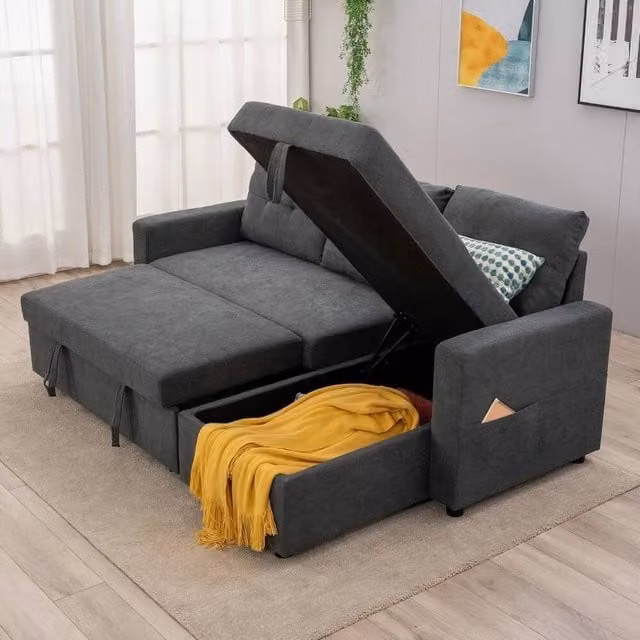 FORGEVIO Grey Linen L-Shape Corner Sofa Bed with Sleeping Function and Scatter Cushions