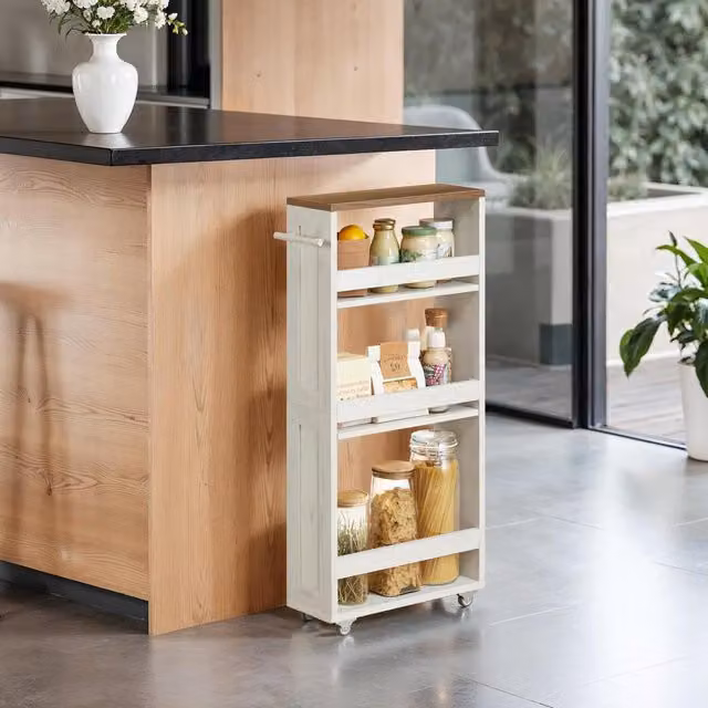 VASAGLE 4-Tier Narrow Kitchen Cart with Wheels and Handle, White and Brown, W/D/H: 43.2 x 15.0 x 86.5 cm