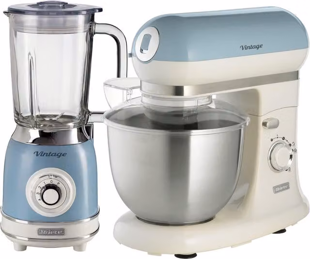 Ariete Retro Jug Blender and Stand Mixer Set in Blue with Glass and Stainless Steel Components