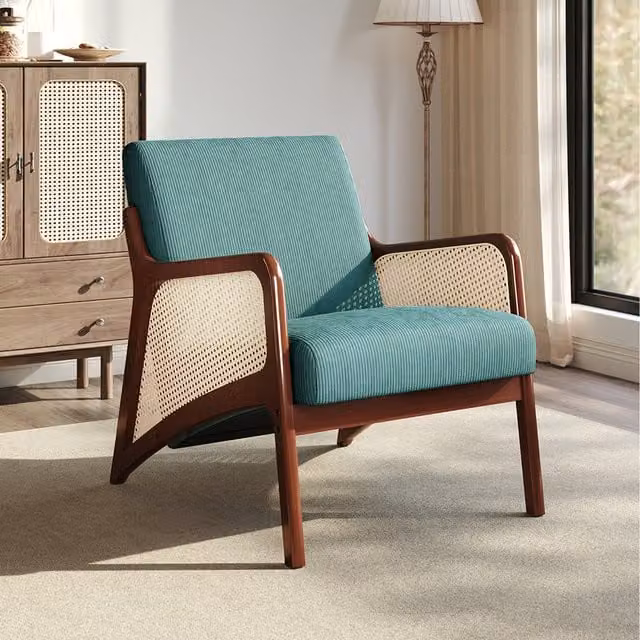 Komore Retro Corduroy Armchair with Solid Rubberwood Frame in Green and Brown