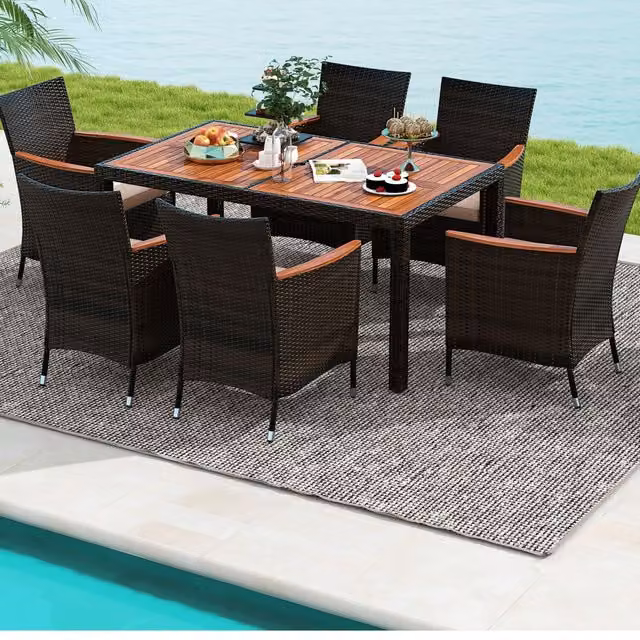 Chilli Seating 7 Piece Acacia Wood Garden Dining Set with Rectangular Table and 6 Stackable Chairs in Brown