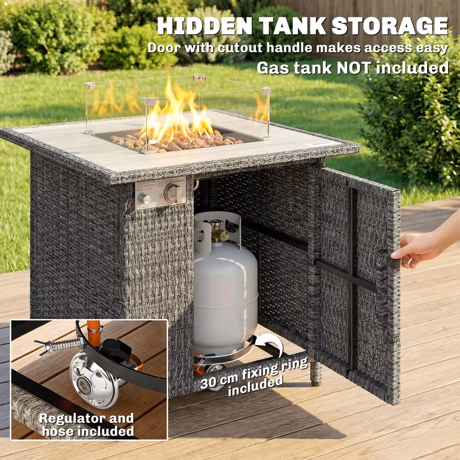 Outsunny Dark Grey Rattan Gas Fire Pit Dining Table with Rain Cover, Wind Guard, Lid and Lava Rocks – 6