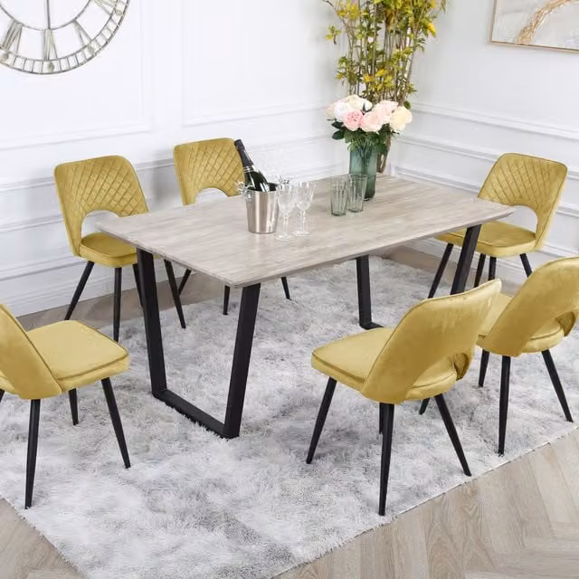 Home Garden Direct Wood-effect Rectangular Dining Table Set with 6 Metis Velvet Chairs in Yellow and Black