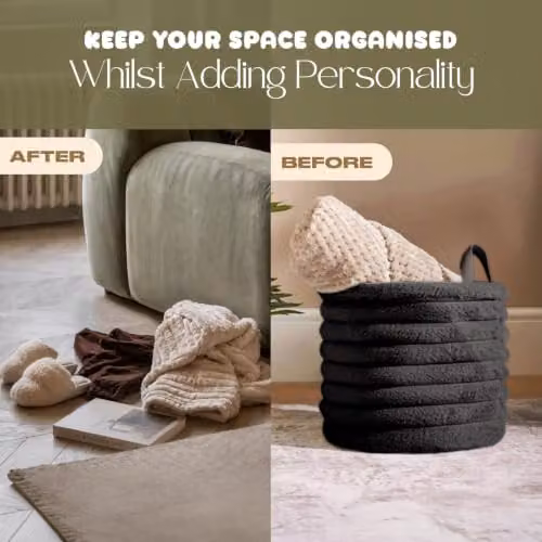 OHS Ribbed Faux Fur Small Storage Basket with Handles, Black, W/D/H: 26.0 x 26.0 x 34.0 cm – 4