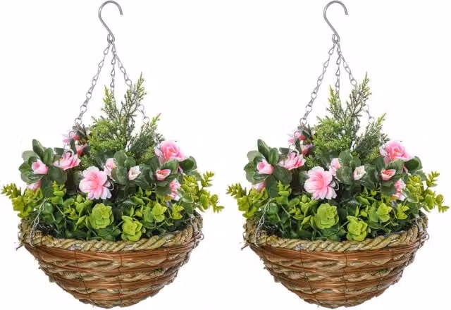 Dyzi Pink Artificial Hanging Floral Flower Pot Set with Rattan Style Round Design