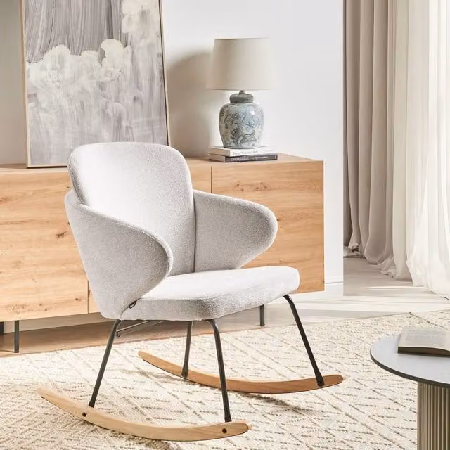 Wyld and Coco Off-White Rocking Chair with Woven Fabric, Metal Frame and Rubberwood Skates