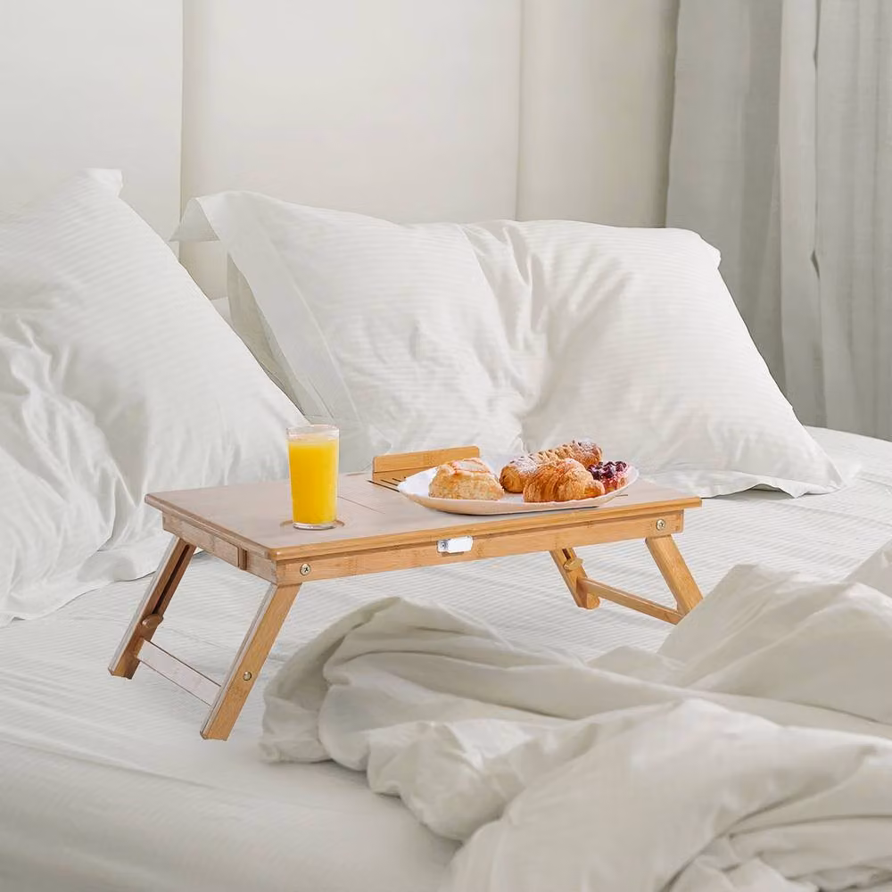 Rolipo Adjustable Foldable Bamboo Laptop Bed Desk with Drawer, Brown, W: 55 cm, D: 35 cm – 2