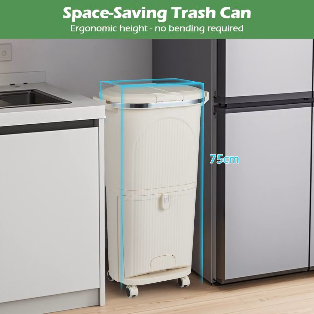 Costway 38L Sorting Garbage Bin with Lids and 2 Detachable Buckets, Beige – 4