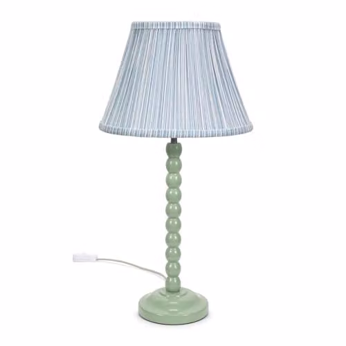 ValueLights Sage Green Bobbin Stem Table Lamp with Blue Pleated Fabric Shade and LED Bulb – 1