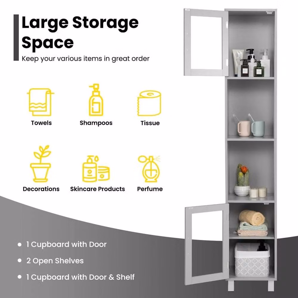 NESTLUNE Grey Slim Free-Standing Tall Bathroom Cabinet with Glass Doors and Internal Shelves – 6