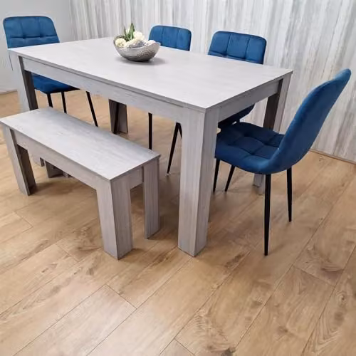 KOSY KOALA Modern 6 Seater Dining Set with Rectangular Grey Table, 4 Blue Velvet Chairs and 1 Bench, W/D/H: 140 x 80 x 75 cm – 3