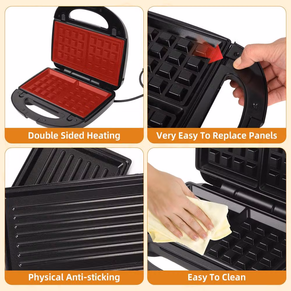 Alivio 3-in-1 Non-Stick Sandwich Maker with Detachable Plates, 850W, Black – 8