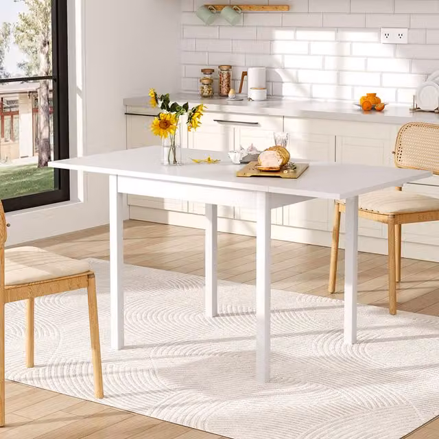 Komore White Lacquered Wooden Rectangular Extendable Drop Leaf Dining Table